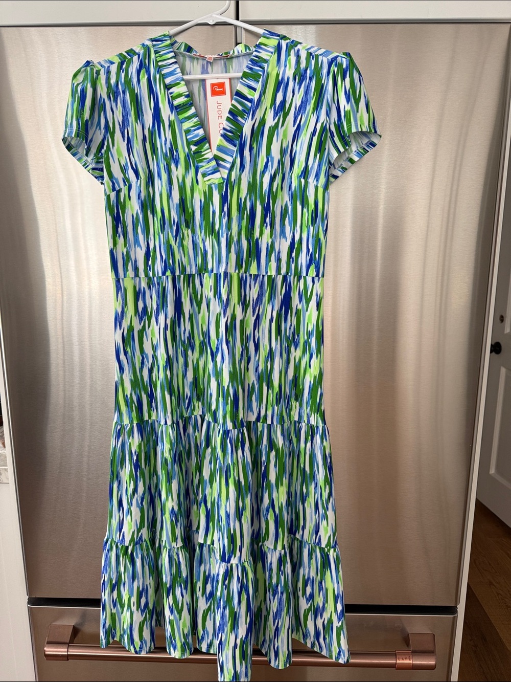 Women’s NWT Jude Connally Libby Dress Green & Blue V-Neck Tiered Dress